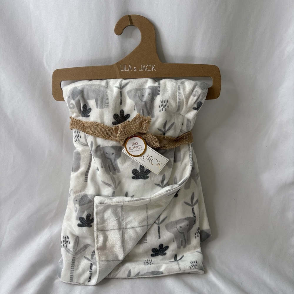 Lila & Jack Elephant Baby Blanket Plush White Gray Jungle Safari NWT